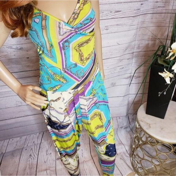 True Rock Womens Abstract Vibrant Print Jumpsuit W/ Adjustable Straps Pockets S - Picture 9 of 9